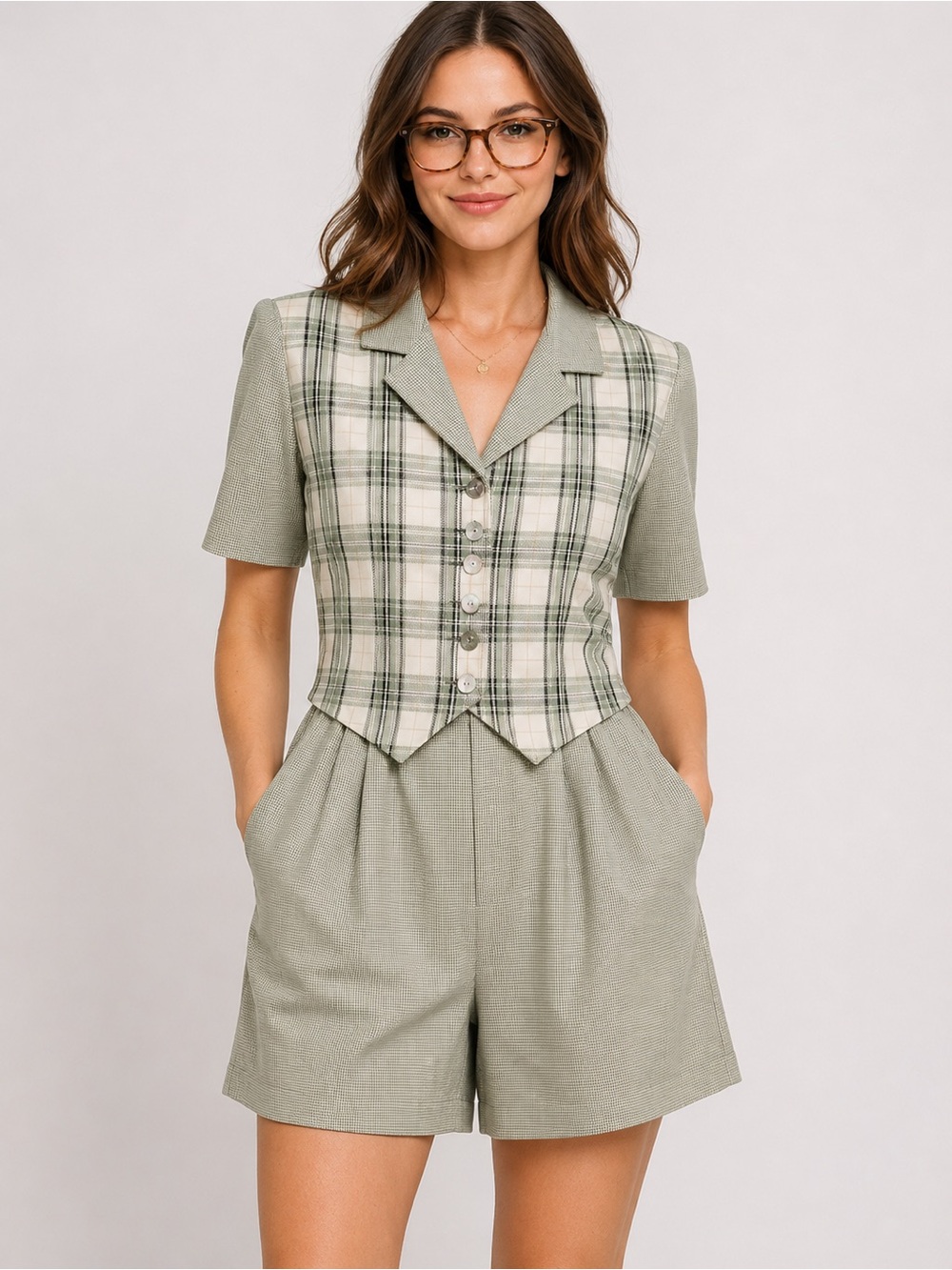 Vintage 90s Miss Dorby Sage Seersucker Plaid Vest Romper M